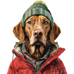 Wall Mural - A dog is wearing a green hat and a red jacket