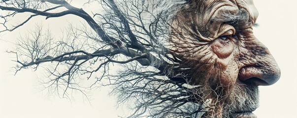 Wall Mural - a captivating aerial view double exposure melding an old mans weathered face with intricate tree branches