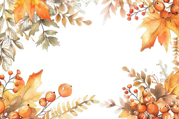 Wall Mural - A watercolor painting of autumn leaves and berries with a white background