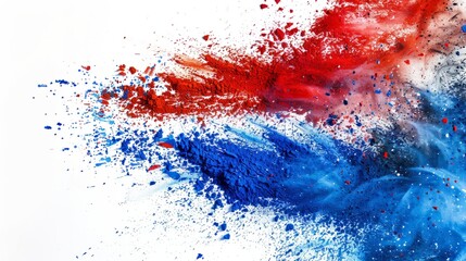 Wall Mural - Vibrant explosion of blue, white, and red holi powder on a white background, representing France and its culture.