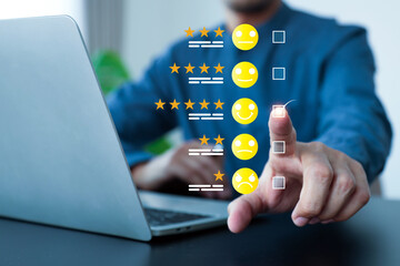 Poster - Hand touch smile face icon for best excellent customer service satisfaction survey feedback for business review rating and best service or finance digital marketing poll or user comment concepts.