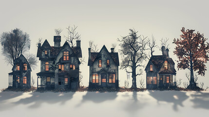 Collection of haunted house shadows, scary halloween house set
