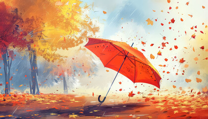 Wall Mural - A red umbrella is opened in the rain, with leaves falling around it