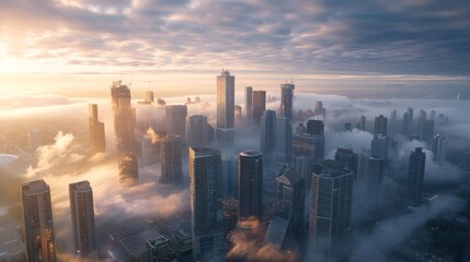 Wall Mural - A misty morning city skyline with clouds partially obscuring the tallest buildings