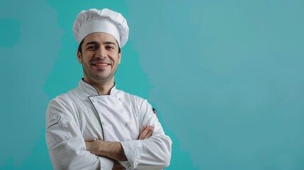 Wall Mural - Confident professional chef smiling in white uniform with hat against blue background