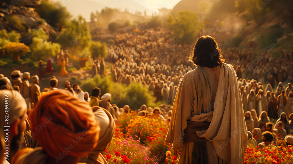 Jesus performing the miracle of feeding the 5000, with loaves and fish ...