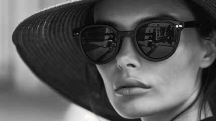 Wall Mural - Black And White Portrait Of A Woman In Wide-Brimmed Hat And Sunglasses