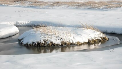 Wall Mural - Small islands of grass peak out from under melting snow as they eagerly await the arrival of spring.