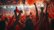 © AriyaniAI - Red team Football fans cheering and celebrating league winner with red smoke and flare marching on the stadium streets and celebrating league title win