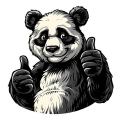 Wall Mural - A cartoon panda bear is sitting on a white background and giving a thumbs up