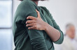 © peopleimages.com - Businesswoman, health and shoulder pain from injury or accident with massage for physical therapy. Female person or employee and stress suffering with tension, burnout and inflammation in office