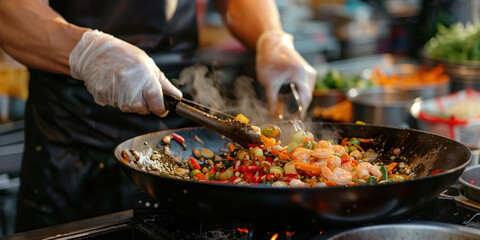 Wall Mural - Close-up, Seafood, a chef cooks shrimp with pepper, spiked beans and Brussels sprouts in a frying pa