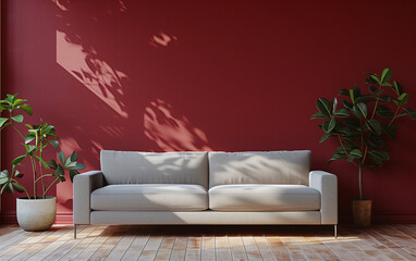 3D rendering of a modern interior design living room with a comfortable gray sofa and dark red wall in the style of a minimalist home decor concept