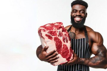 butcher black man holding a large piece of meat on a white background