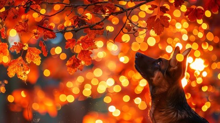 Wall Mural -  A dog gazes up at a tree against a backdrop of brilliant lights, another canine looks on from the foreground, similarly fixated