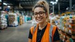 © ZenArt - Smiling warehouse worker in orange vest in busy factory. Cinematic lighting