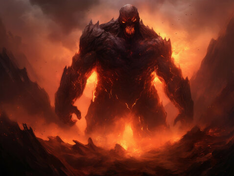 Epic fiery monster emerges from volcanic landscape, showcasing incredible fantasy creature with glowing eyes and molten body.