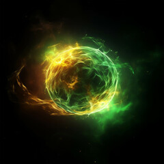 Wall Mural - Vibrant green and yellow energy sphere on a dark background, representing power, energy, and cosmic phenomena.