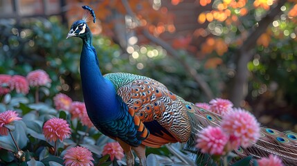 Wall Mural - A young peacock (peachick) exploring a garden, representing growth and the beauty of youth List of Art Media Photograph inspired by Spring magazine