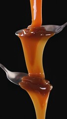 Wall Mural - Melted caramel sauce flowing from metal spoon on black background. Food close up, slow motion, vertical video 4K