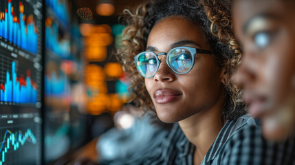 Curly-haired black woman wearing blue reflective sunglasses focused on computer screen with data charts and graphs in bright office. Concentrated female professional analyzing financial information. 