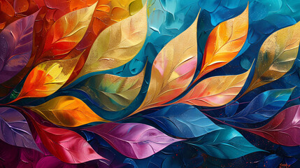 Wall Mural - Modern oil painting with a vibrant abstract leaf design