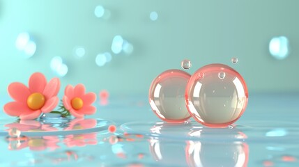 Sticker -  Two bubbles hover above a serene body of water, surrounded by a pink blossom at the image's center, and mirrored perfectly below, in the heart of the water