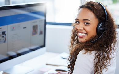 Smile, portrait and woman in call center with computer screen, headset and lead generation in office. Telemarketing, virtual assistant or customer service consultant on website for online booking.