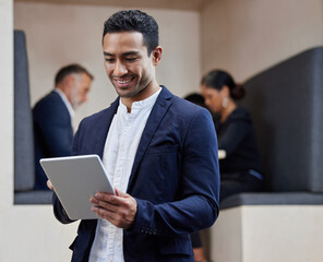 Leinwandbilder - Reading, tablet and businessman in office with networking, research and scroll at consulting agency. Communication, internet and man at tech startup with smile, digital app and online professional