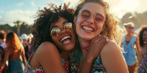 Canvas Print - Two young women are hugging each other at an outdoor music festival. They are both smiling and wearing summer clothes.