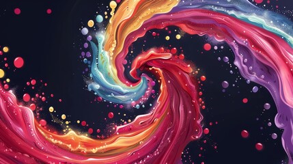 Wall Mural -  A painting of vibrant swirls and bubbles against a black backdrop, with the lower half saturated in red, yellow, blue, pink, and orange hues