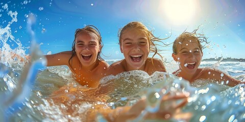 Canvas Print - Three happy children are swimming in the ocean.