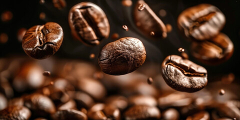 A closeup of coffee beans falling on dark background