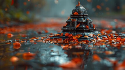 Wall Mural -  A statue atop a rain-filled puddle, amidst an orange-red forest in autumn's rain Raindrops cascade, touching ground