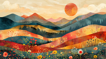 Wall Mural - Stylish landscape artwork with geometric patterns and floral elements