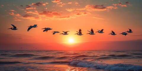 Wall Mural - Flock of pelicans flying at dawn over the sea