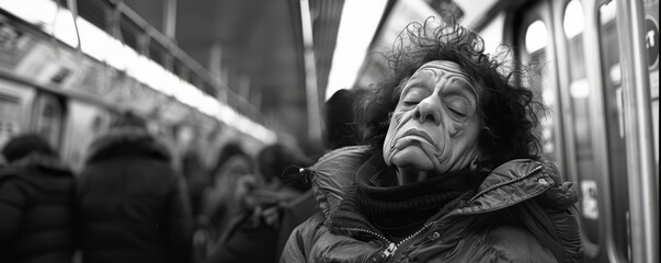 Strange man with weird expression wearing absurd puffy jacket on a New York subway.