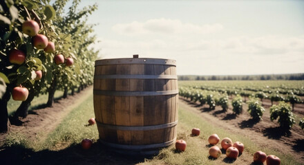 Apple barrel in the farm and harvest season with sunshine and vanilla sky