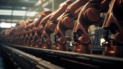 Image of a row of robot arms working on a machine in a factory.