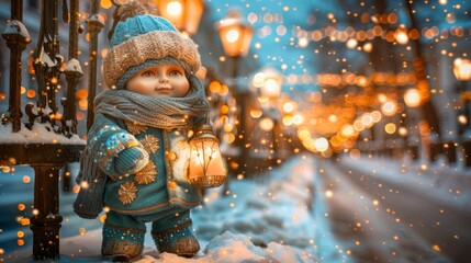 Wall Mural -  A small doll stands in the snow, donned in a hat and two scarves around its neck A street light glows in the background