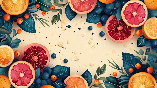 An illustration of a summer tropical fruit diet web template. A flat cartoon organic fruits ingredient background for a nutrition or healthy lifestyle page.