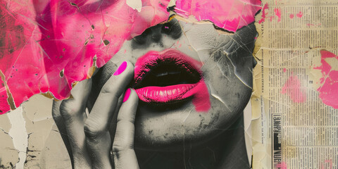 Wall Mural - Abstract Pop Art Collage Close Up of Pink Lipped Female with Newspaper Background
