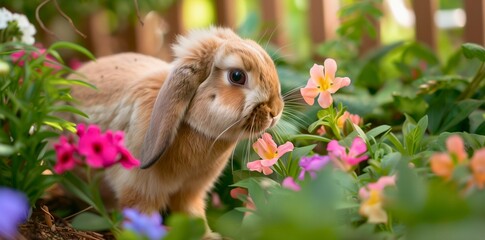 A rabbit is sniffing a flower in a garden