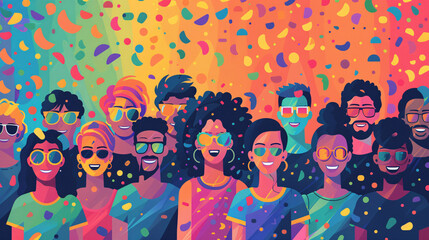 Artistic design of an LGBTQ+ pride month celebration with diverse community members