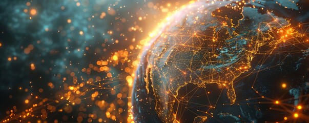 Wall Mural - Generative AI illustration of glowing planet with yellow network connecting cities on black background