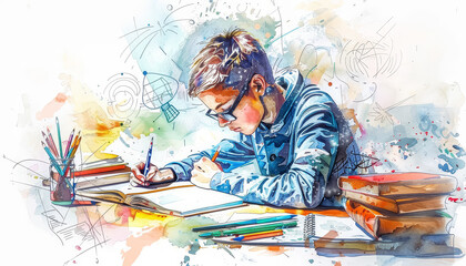 Canvas Print - A boy is writing in a book with a pencil