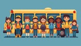 The group of students inside a schoolbus is a back-to-school concept or an educational field trip for elementary students on a white background with a flat cartoon character.