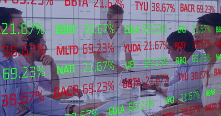 Poster - Image of trading board and grid pattern over diverse coworkers discussing reports in office