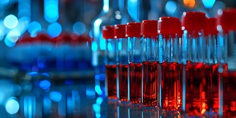 Wall Mural - Red liquid-filled test tubes with caps in a laboratory setting. Concept Chemical experiments, Lab equipment, Research tools, Scientific instruments, Test tube analysis