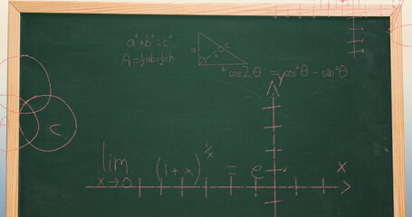 Sticker - Image of mathematical data processing over green chalkboard